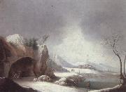 unknow artist, A winter landscpae with travellers gathered aroubnd a fire in a grotto,overlooding a lake,a monastery beyond